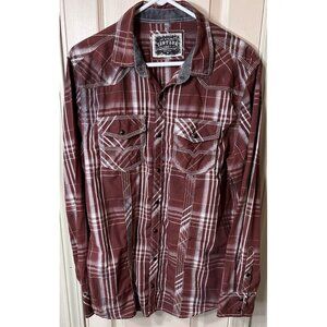BKE Vintage Lg Brown Plaid Pearl Snap Standard Fit Preppy Y2K Mens Shirt